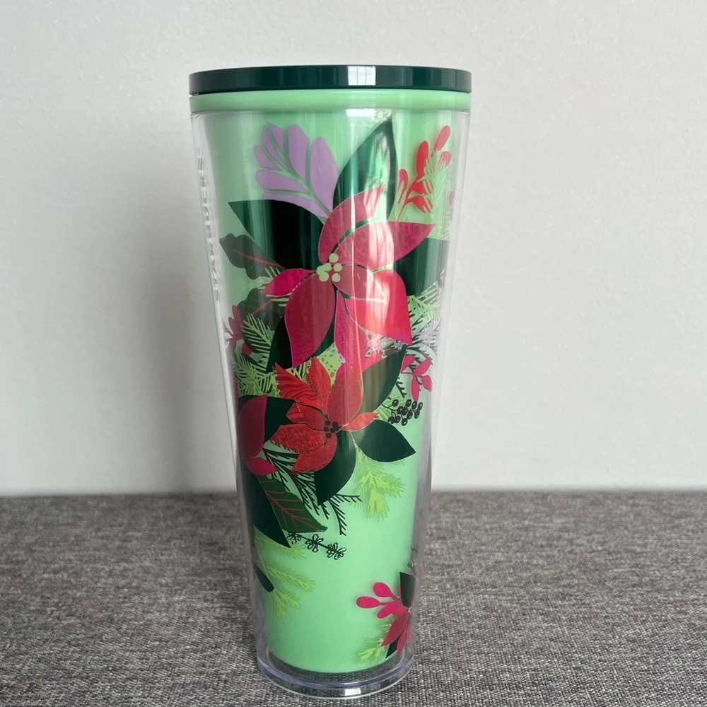 Starbucks Green Red Poinsettia Cold Tumbler 2021 Color Changing Holiday NO STRAW